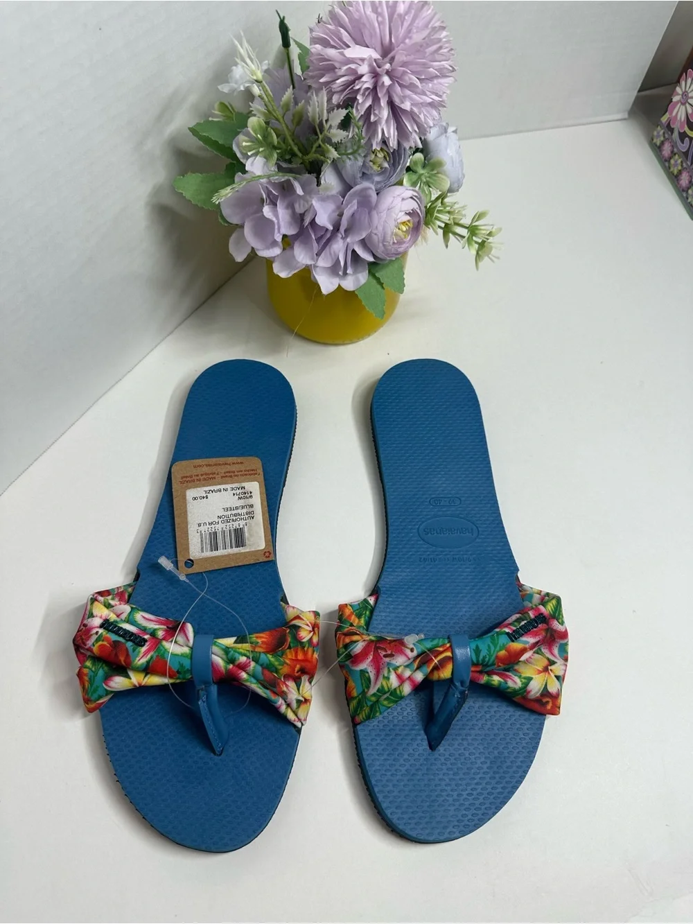 Havaianas Blue Floral Bow Toe-Post Slide Sandals for Women